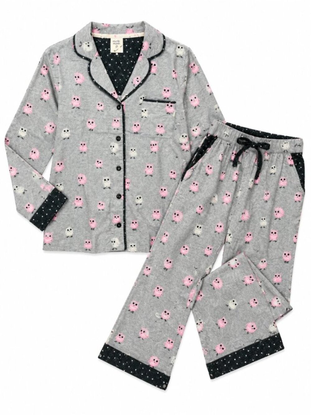 Munki Munki NEW Pink Gray Flannel Pajamas Owl Print Movie Night Sleepover Size M